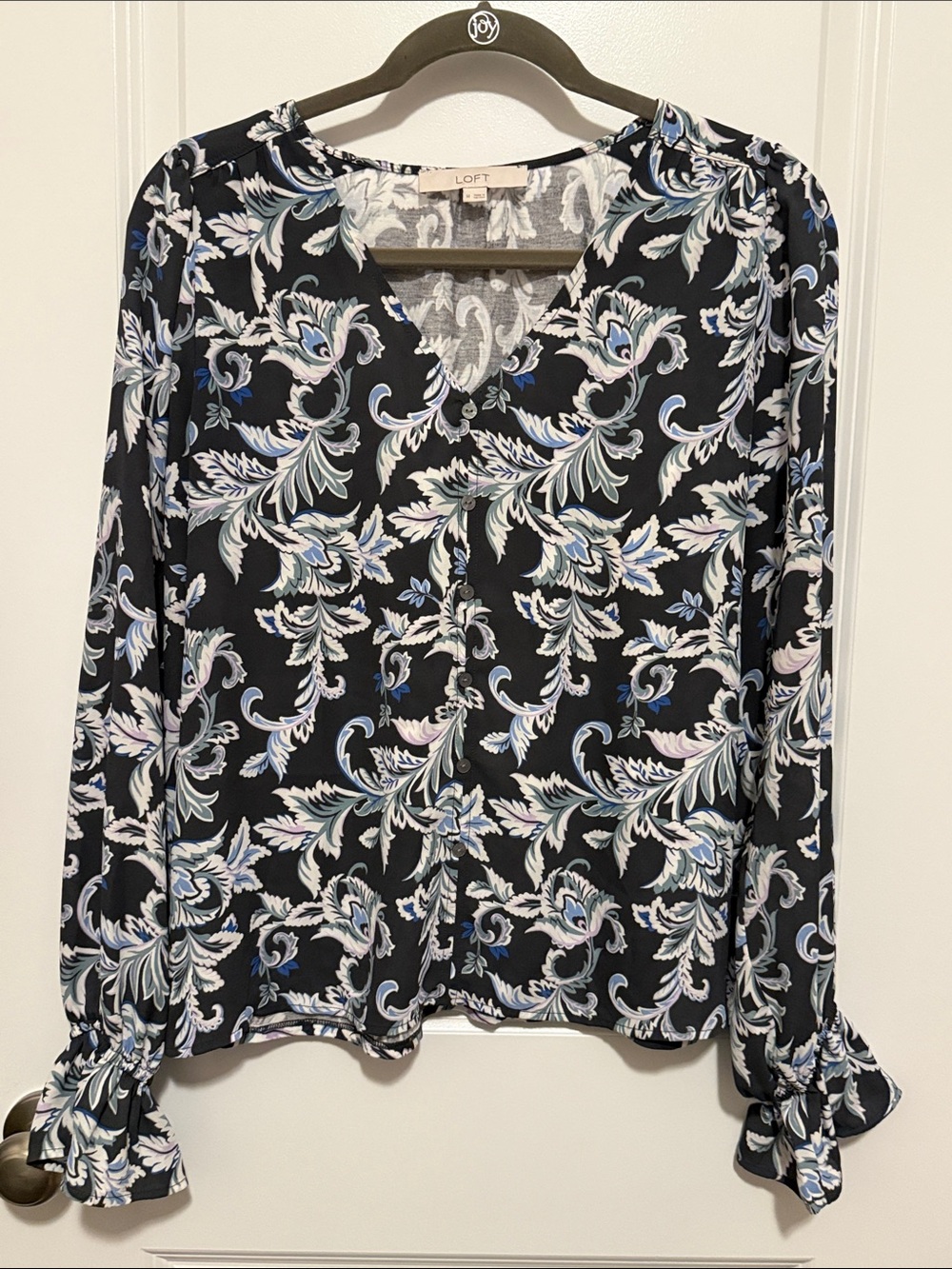LOFT Black Floral Scroll V-Neck Long-Sleeve Blouse